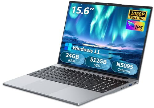 Notebook Win 11, 15,6 Pollici PC Portatile 24GB RAM 512GB SSD, Celeron N5095 CPU, Webcam+BT4.2+USB3.0, Laptop Digitale Tastiera Retroilluminata/Sblocco Impronta Digitale, 180° Flip IPS Schermo