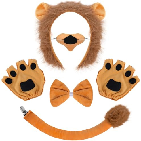 Tanganan 6-teiliges Löwen-Kostüm-Zubehör-Set, Tierohren, Stirnband, Tier-Kostüm-Set, Löwenohren, Plüsch-Stirnband, Schwanz, Nase, Fliege und Handschuhe, Kostüm-Set für Erwachsene, Kinder, Halloween
