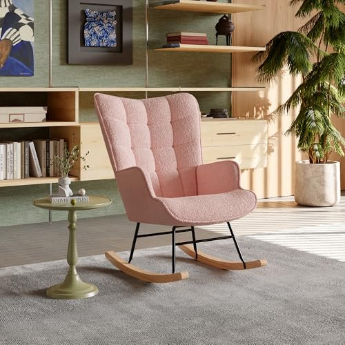 FEEOHOME Schaukelstuhl, Schaukelstuhl, Stillsessel, Schaukelstuhl, Stillstuhl, Samt, für Schlafzimmer und Wohnzimmer, karierte Rückenlehne (Rosa)