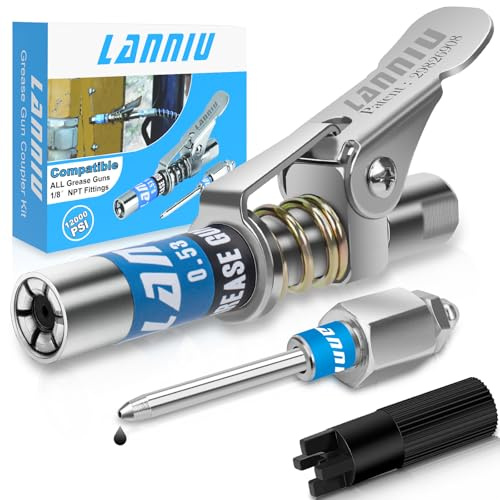 LANNIU Grease Gun Coupler Kit, Upgraded 0.53 Grease Gun Tips, 12000 PSI Strong Locking Leakproof Greases Gun Couplers with Needle Dispenser for Grease Gun, Compatible with All 1/8 NPT Fittings | 12,000 PSI No Leakage, Strong Lock & Quick Release, Compatible with All 1/8 NPT Grease Guns