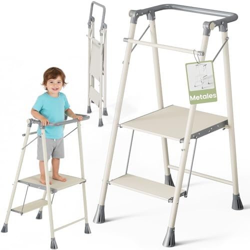 DEANIC Torre de aprendizaje plegable para niños a partir de 1 año – Escalera plegable de 2 peldaños para ahorrar espacio, torre de aprendizaje Montessori con patas antideslizantes, torre de