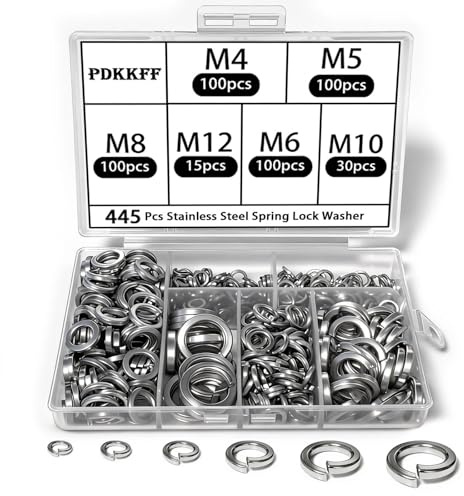 PDKKFF 445 Stück Federringe Edelstahl Set,Federring M4/M5/M6/M8/M10/M12 | Spiralförmige Federscheiben Form B nach DIN 127, Unterlegscheibe Sperringe für Schraubensicherung