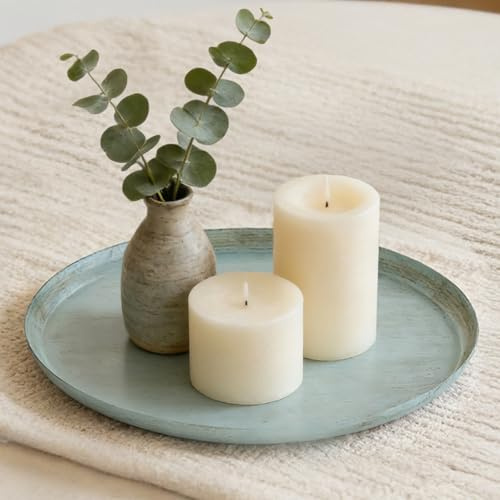 Sziqiqi Green Decorative Tray Round, 28cm, for Coffee Table | Vintage Sage Green Candle Tray, Metal Table Centrepiece for Living Room, Kitchen Island, Farmhouse, Spring Decor