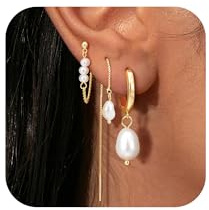 Turandoss 3 Paar Ohrringe Gold für Damen, Perlenohrringe Hängend Gold | Perlen Ohrringe Gold/Silber Set, Ohrringe Perlen Hängend, Perlenohrringe Gold, Hypoallergene, Wasserfeste Goldene Ohrstecker