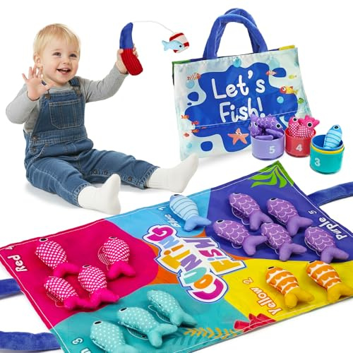 MASSRT Montessori Toys for 1 Year Old, Cloth Fishing Game for Babies 6–18 Months, Soft Learning Toy with Stacking Cups, Fine Motor Skills & Color Recognition for Boys & Girls