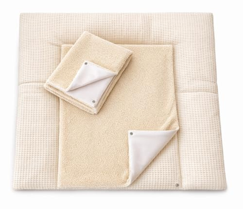 Wickelauflage Set 3-teilig – Wickelunterlage aus Waffelstoff mit Druckknöpfen – Baby Wickelauflage mit 2 Frottee Overlays – Wickeltischauflage – 85x75 cm (Breite x Tiefe), Hellbeige