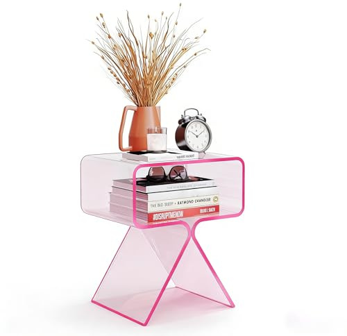 MIIWWOWO 2-stufiger Acryl Beistelltisch 39x30x45cm, Ergonomische Höhe, 20kg/44 lbs Tragfähigkeit, Modernes Clear Nachttisch für Wohnzimmer Schlafzimmer, Ohne Montage (Pink)