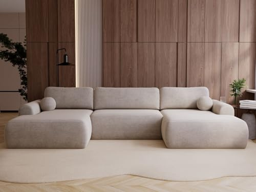 GRAINGOLD Savana U Ecksofa mit Schlaffunktion und Bettfunktion, 344x177 cm, U-Form Sofa, Schlafcouch für Wohnzimmer, Veloursstoff, 5-Sitzer Wohnlandschaft, Ecksofa mit Stauraum (Beige)
