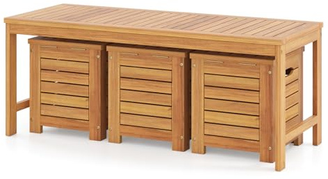 COSTWAY Gartenbank Holz mit 3 Aufbewahrungsboxen, Holzbank Wetterfest | 2-Sitzer Balkonbank ohne Lehne, Sitzbank für Garten, Balkon, Terrasse, 115 x 45 x 46 cm