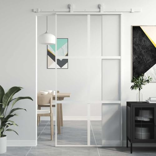 Porte coulissante blanche 102,5 x 205 cm en verre trempé et aluminium avec butée de porte et amortisseur, silencieuse, vitres en verre transparent, design moderne