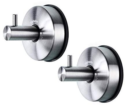 YOHOM 2Pcs Vacuum Suction Cup Hooks Holder Stick to Window Smooth Wall Shower Kitchen Bathroom Towel Hanging Hook Organizer for Towel Bathrobe and Loofah,Hooks No Drill,Brushed Silver