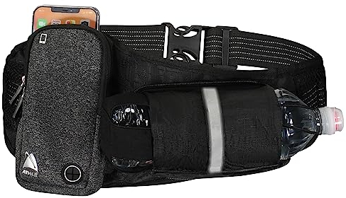 Courir Belt Water Bottle Pouch Horizontal, Grand Fanny Pocket Pack adaptée à la plupart des téléphones et des porte-monnaie, réglable Taille unique bande de taille, porte-clefs, 360 réfléchissant Noir