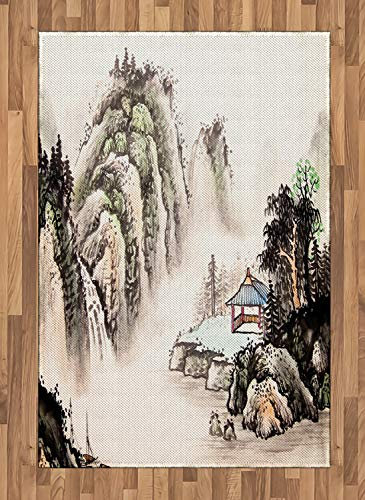 ABAKUHAUS Antikes China Teppich, Aquarell-Tal, Flachgewebe Deko-Teppiche für das Wohn-,Schlaf-, und Essenszimmer, 120 x 180 cm, Schwarz Grün