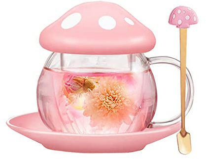 Rain House Cute Mushroom Glass Tea Cup with Infuser and Spoon, Clear Kawaii Teapot with Strainer Filter, Ceramic Lid and Coaster, Heat-Resistant for Home and Office Use, 290ML/9.6oz (Pink)