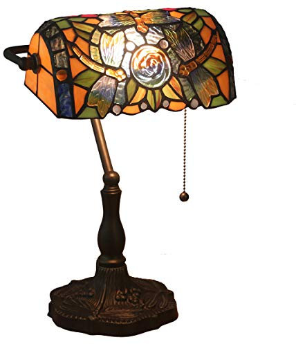 GDLight Tiffany-Art Libelle Banker Lampe Vintage Glastischlampe Zink-Legierung Basis Schreibtisch Lights-Befestigungen für Wohnzimmer Schlafzimmer Nacht Cafe Bar