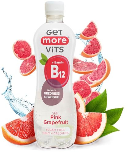 Get More Vits - B12 Vitamins Still Pink Grapefruit Flavoured Spring Water (12 x 500ml), Supports Energy Release, Tackle Tiredness & Fatigue, Natural Flavours, Sugar Free, Low Calorie, Vegan