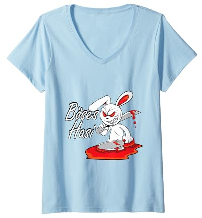 Damen Böses Horror Hasi Lustiges Hasen Spruch Oster Geschenk T-Shirt mit V-Ausschnitt