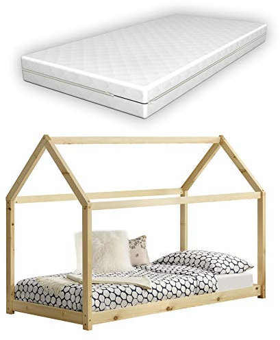 [en.casa] Kinderbett Netstal mit ortopädischer Kaltschaummatratze 70x140 cm Bettenhaus Hausbett Kiefernholz Naturholz