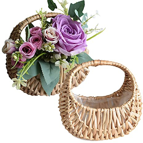 MSUIINT 2PCS Woven Wicker Flower Basket,Hand-Held Flower Arrangement Basket Hand-Woven Flower Pot,Wedding Flower Girl Baskets for Home Garden Decor