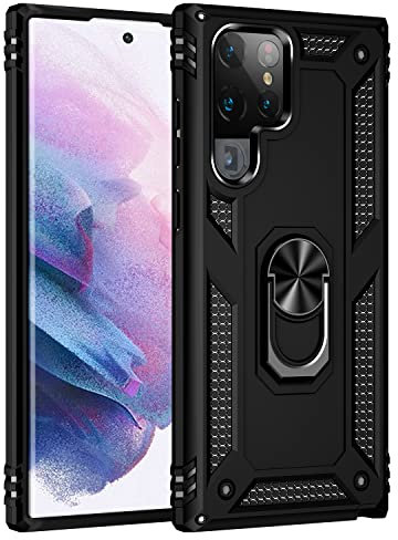 BestST Cover per Samsung Galaxy S22 Ultra,+ Vetro Temperato, Custodia Antiurto Armor Cover a 360°Girevole Ring Hybrid Bumper TPU Case Grado Militare Protettiva Shell,Nero