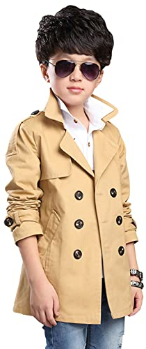 SXSHUN Windbreaker Jungen Trenchcoat Trench Mantel Übergangsmantel Klassischer Jacke Mantel mit Gürtel Frühling Herbst Doppelreihiger, Beige, 164