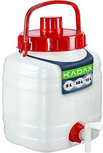KADAX Bidon à eau, tonneau à boissons, en plastique, bidon d'eau potable, réservoir d'eau avec robinet, réservoir d'eau, bidon de boisson avec joint en caoutchouc (5 l, blanc)