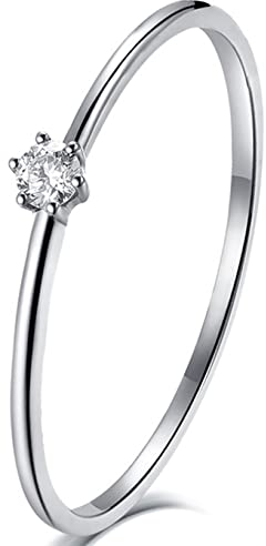Whoiy 18K Weißgold Ringe Diamantring Klassischer Stil mit Diamant 0.05ct als Geschenke für Frauen Mutter Freundin Silber Gr.61 (19.4)