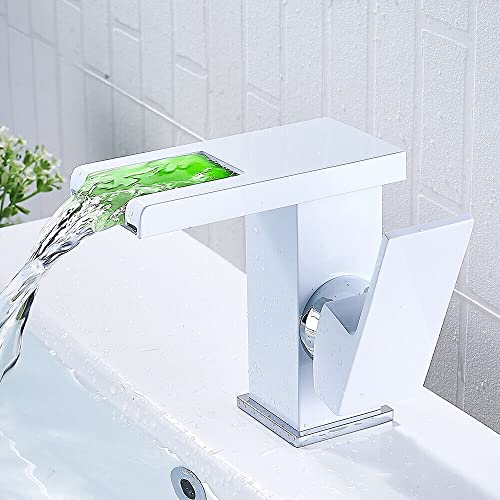KOLHGNSE Wasserhahn mit Licht, Waschtischarmatur LED Beleuchtete Wasserhahn Badarmatur RGB Wasserfall Einhand Wasserhahn mit 3 Farbewechsel Beleuchtung für Badezimmer und Waschbecken (Weiß)