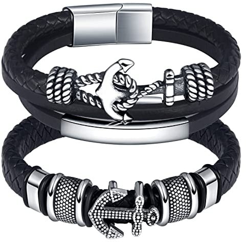 feilok Armband Herren Edelstahl Lederarmband für Herren Armkette Anker Armband Männer mit Magnetverschluss Tolles Geschenk für Männer