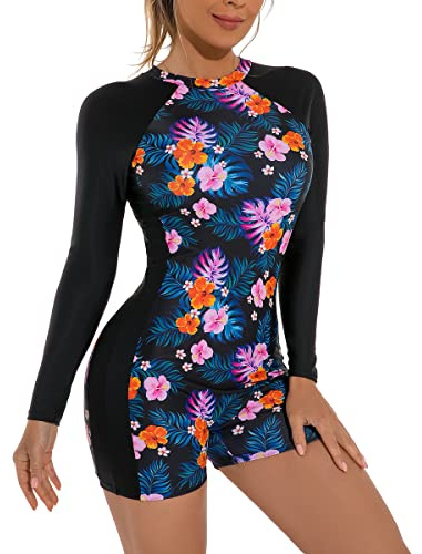 Women's Long Sleeve One-Piece Swimsuit with Tropical Floral Print, Zipper Front Padded Push Up Slim Fit Rash Guard Bathing Suit Beachwear Swimwear Unitard Legsuit Swimming Costume Flower Print L