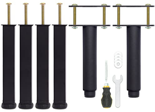 Pied de Lit 22 cm à Visser, Pied Sommier à Lattes Universel, Reglable en Hauteur, Metal, Carré + Rond, Boulons M8, pour le Cadre Métallique d’un Sommier Adulte, Noir, Lot de 6 (4 Latéraux + 2 Central)