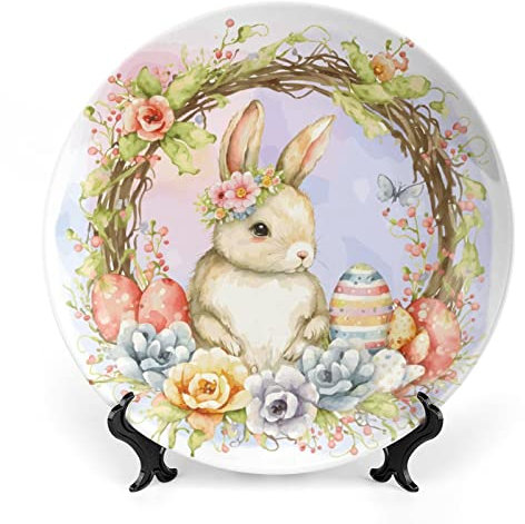 Gokays Piatti decorativi pasquali, coniglietto acquerello con ghirlanda di fiori e uova in ceramica, piatto oscillante con espositore, decorazione per la casa per soggiorno sala da pranzo, piatto