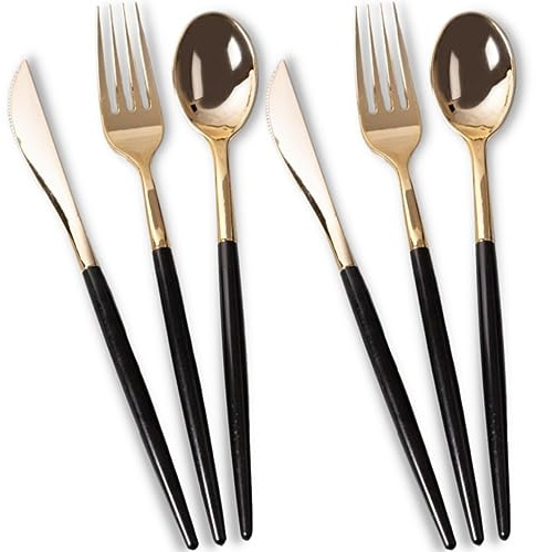 Chic Flatware - Set di posate in plastica usa e getta, 32 pezzi, per feste ed eventi, colore: oro e nero