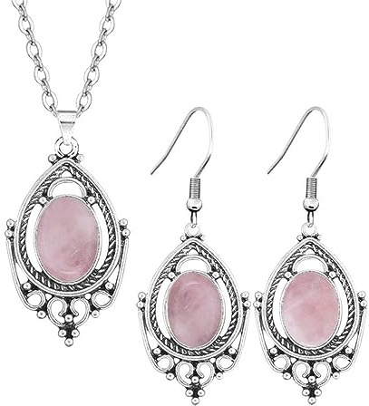 Boucle D 'Oreille Femme,Ensembles De Bijoux Pour Femmes Vintage Filigrane Incrustation Ovale Quartz Rose Pendentif Collier Boucles D'Oreilles Pendantes Style Baroque Dangle Crochet Boucles D'Oreille