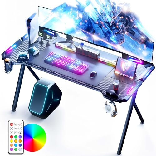 Dowinx Gaming Tisch mit LED, RGB Gaming Computertisch mit Kohlefaser-Oberfläche, LED Gaming Schreibtisch mit Fernbedienung, Gamingtisch mit Tassenhalter und Kopfhörerhaken, 140cm, Schwarz