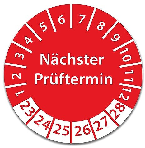 Prüfplakette DGUV V3 Nächster Prüftermin E-Check Elektro - 2023-2028 - Wasserfest/UV-Schutz - 30mm Plakette für Tritte Leitern Feuerlöscher Maschinen (Nächster Prüftermin - Rot, 100 Stk.)