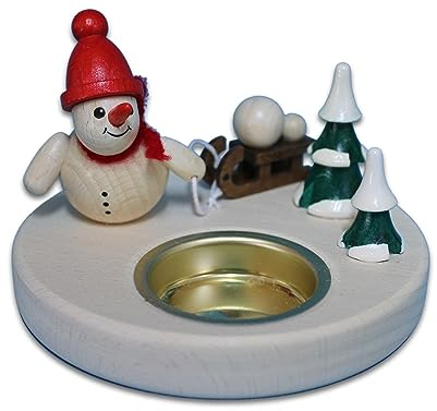 Holzwaren Egermann Leuchter aus Holz - Teelichthalter mit süßem Schneemanndesign - Motiv: Schlitten & rote Mütze - Durchmesser: ca. 11 cm - Made in Germany