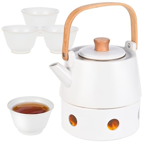 Herboom Teeservice Porzellan mit Stövchen, mit Sieb, 850ML Teeservice mit 4 Tassen für Losen Tee und 1 Teewärmer, Tee Tasse für Nachmittagstee, Heimdekoration, Restaurant, Teeparty (weiß)