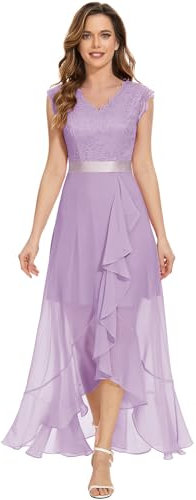 Dressystar V-Ausschnitt Abendkleid Lang Elegant für Hochzeit Hi-Lo Hochzeitsgast Maxi Floral Spitze Abschlussball Kleid Lavendel M