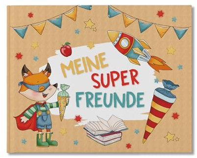 Papierdrachen Hochwertiges Freundebuch für Kinder - Superhelden Tiere - für 27 Freunde - buntes kindgerechtes Design - tolle Geschenkidee für den Schulstart - Set 7