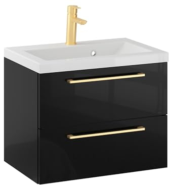 Furni Rosen 60 cm Hängend Waschbecken mit Unterschrank und Stilvollen und Goldenen Griffen Waschbeckenunterschrank Badezimmer Waschtisch mit Unterschrank Waschtischunterschrank