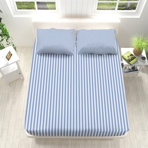 Gestreiftes Spannbettlaken 140x200cm Blau-Weiß Modernes Design Spannbetttuch für Jungen Mädchen Erwachsener, Atmungsaktiv Mikrofaser Bettlaken Set Tiefe Tasche 30 cm Mit 2 Kissenbezügen 80x80cm