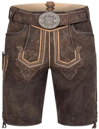 Krüger Herren Trachtenlederhose kurz, Modell:Roger mit Gürtel, Knielang, Tracht, Volksfest
