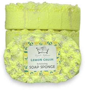 Lemon Crush Exfoliating Soap-Filled Sponge - Body Wash & Tan Remover | Vegan Shower Pouf for Bath & Scrubbing | Stocking Fillers