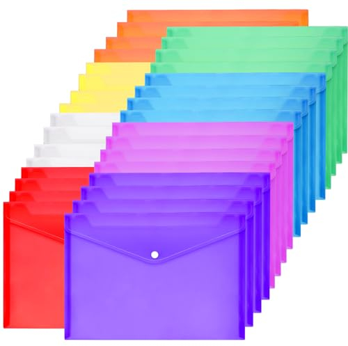 Kinmsito Dokumententasche A4,32 Stück Dokumentenmappe A4 zum Abheften,Tasche mit Druckknopf,8 Farben Sichttasche A4,Transparent Dokumententasche,Wasserdicht Sammelmappe für Dokumente Organisieren