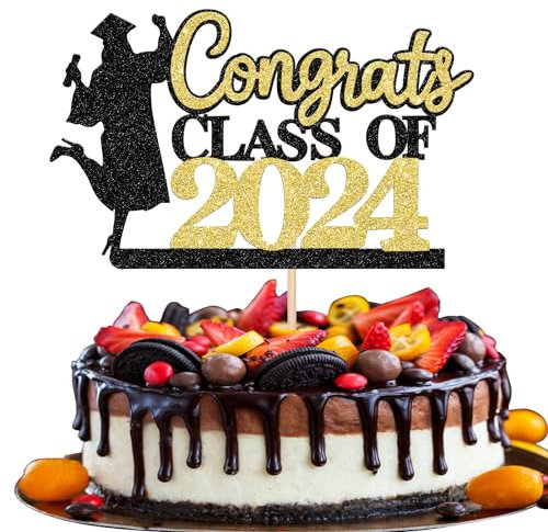 Xsstarmi 1 Packung Tortendeko Mädchen Abschluss Tortenaufsatz Glitzer Schwarz Gold Congrats Class of 2024 Kuchen Topper Dekoration Girls Graduation Zubehör für Party Kuchen Dekorationen