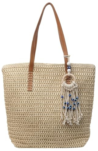Makukke Große Strandtasche mit Reißverschluss Strohtasche Badetasche Damen Sommer Beach Tote Bag Strand Tasche Pool Picknick, Beige Strandtasche