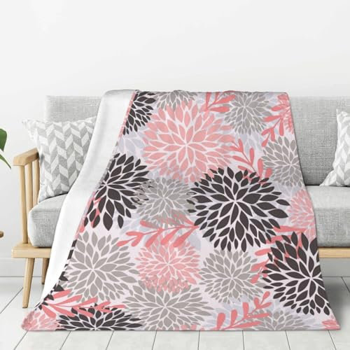 Jbofyee Gray Black and Pink Chrysanthemum Flowers Throw Blankets All Season Ultra Soft Warm Daisy Floral Fleece Blanket for Home Bed Sofa Couch Chair Outdoor Travel Camping 80x60 Inch
