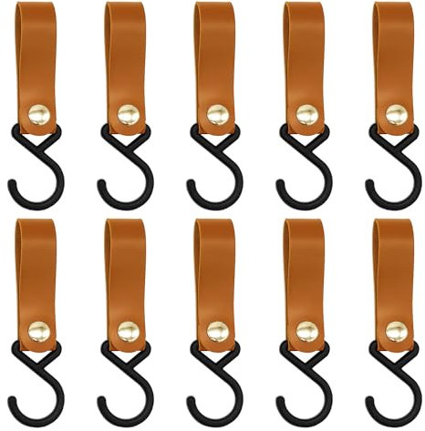 Jaczora Leather S-Hooks - 10 PCS PU Leather Metals Hooks for Coat, Towel, Kitchen, Bathroom