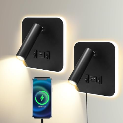 Lampe de Lecture Intérieure LED 3W + 9W 3000K, Applique Murale avec Port de Charge USB et Interrupteur, Liseuse de Lit Spot Réglable lumière ambiante pour Chambre Escaliers Salons Hôtel (carré noir)